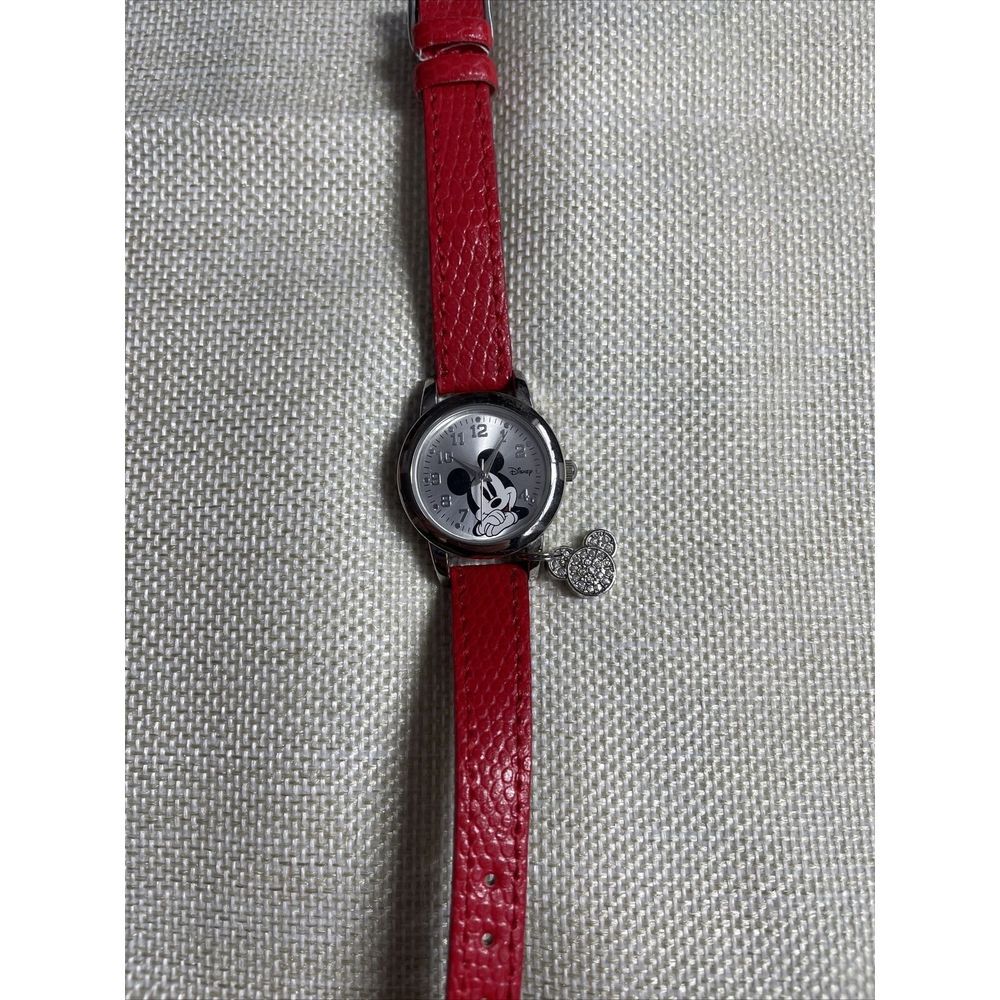 Disney‎ Women's MK1042 Mickey Mouse Watch with Red Leather Band Needs Battery